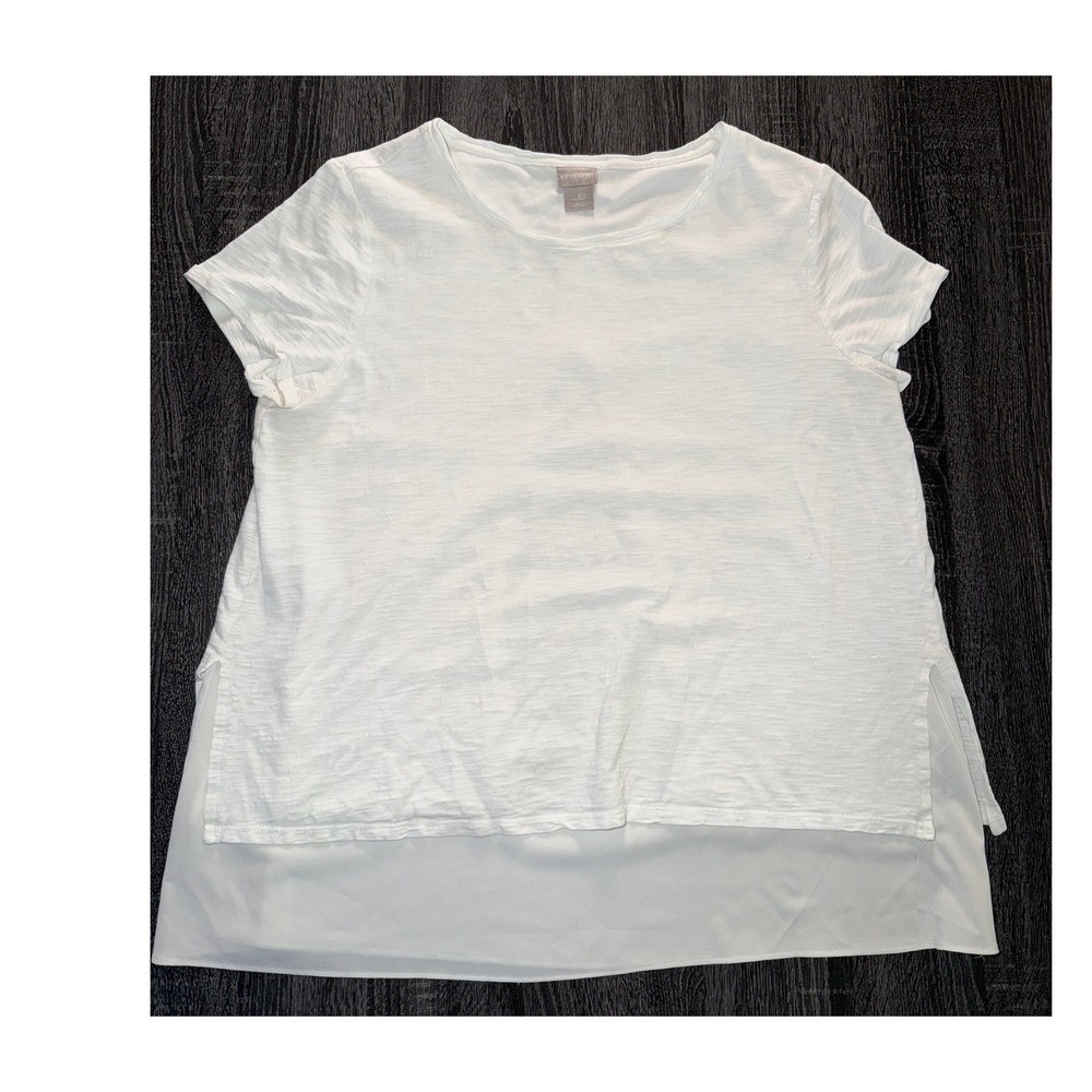 Chicos White Layered‎ Mixed Media Split Back Short Sleeve Top Size 2 Large